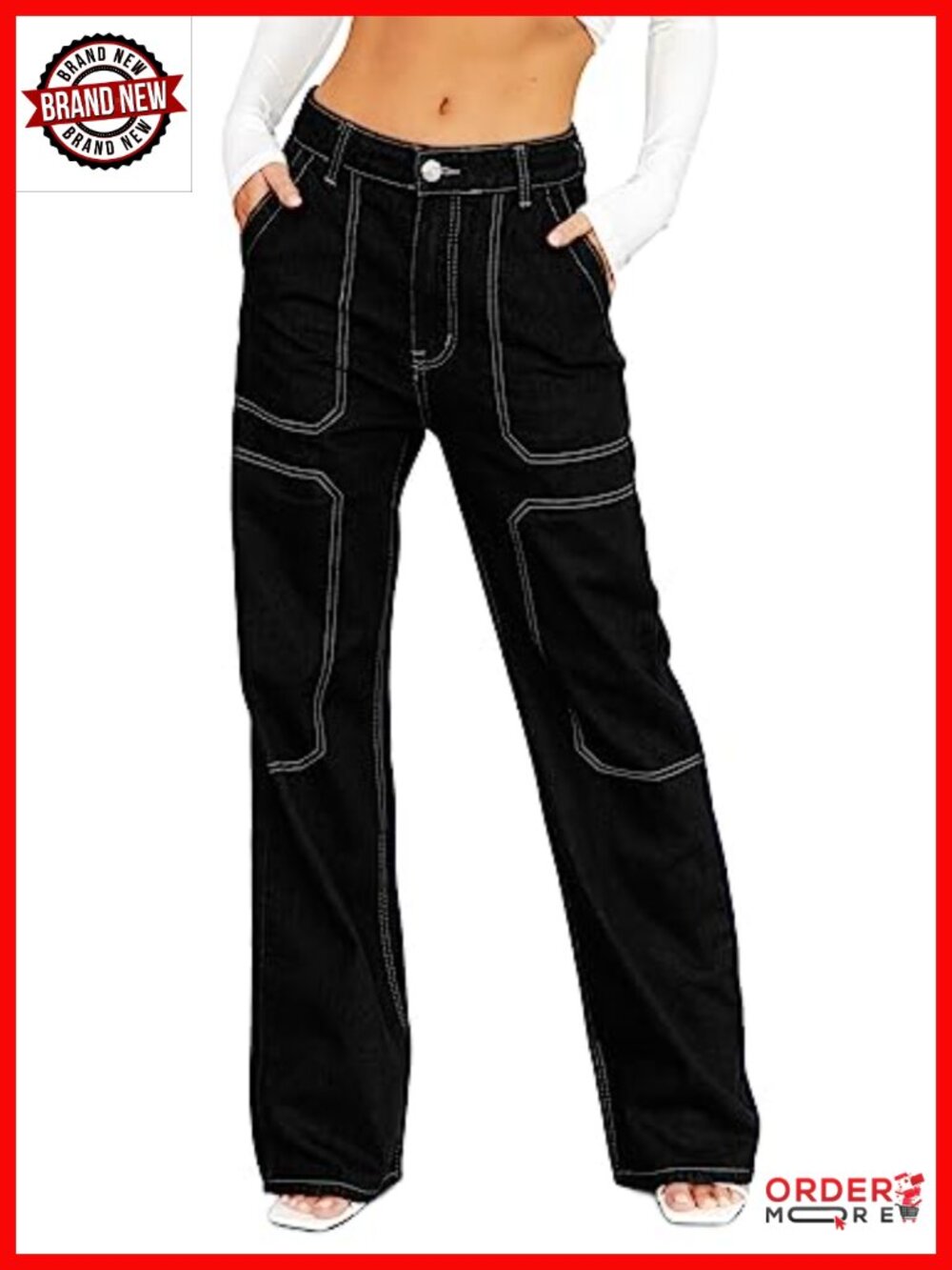 Women's Cargo Jeans Mid Waist Wide Leg Stretch Denim Pants